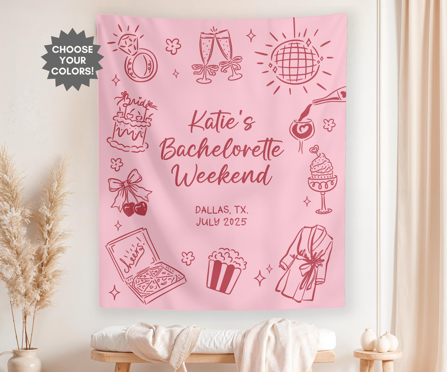 Custom Bachelorette Banner, Pajama Bachelorette Party Sign, Bachelorette Photo Backdrop, Girls Weekend Party Decor, Pink Bachelorette Party