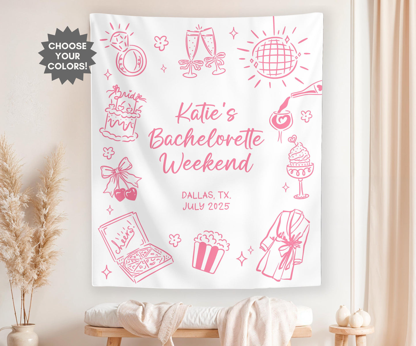 Custom Bachelorette Banner, Pajama Bachelorette Party Sign, Bachelorette Photo Backdrop, Girls Weekend Party Decor, Pink Bachelorette Party