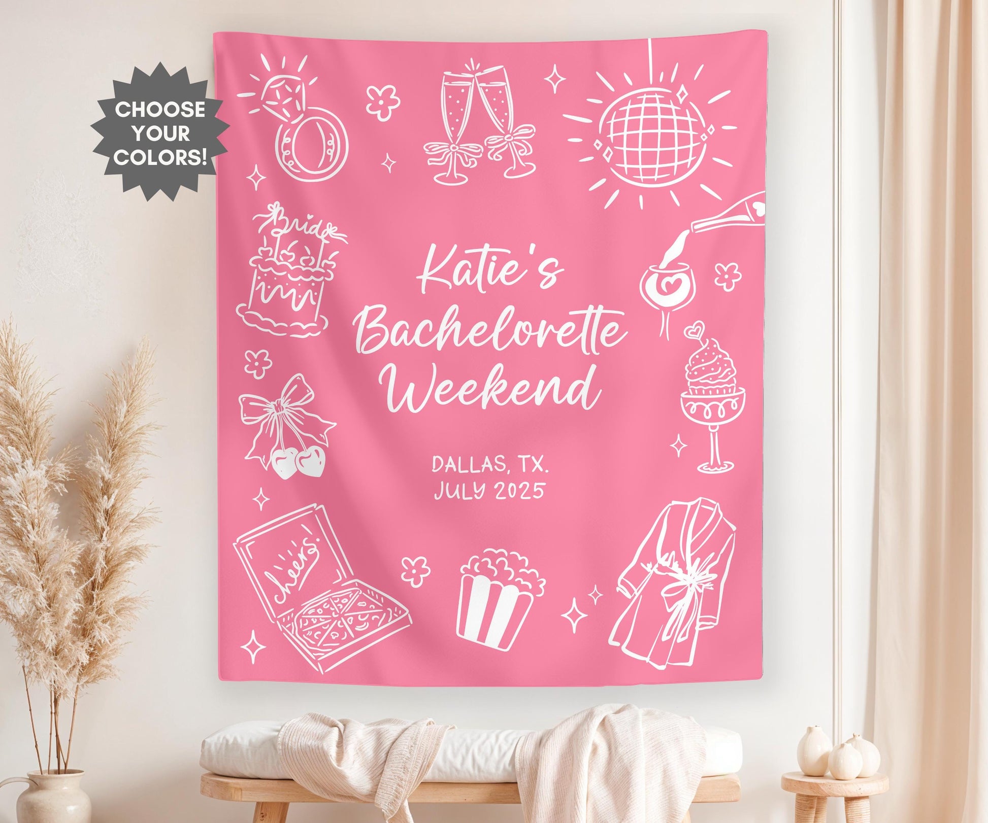 Custom Bachelorette Banner, Pajama Bachelorette Party Sign, Bachelorette Photo Backdrop, Girls Weekend Party Decor, Pink Bachelorette Party