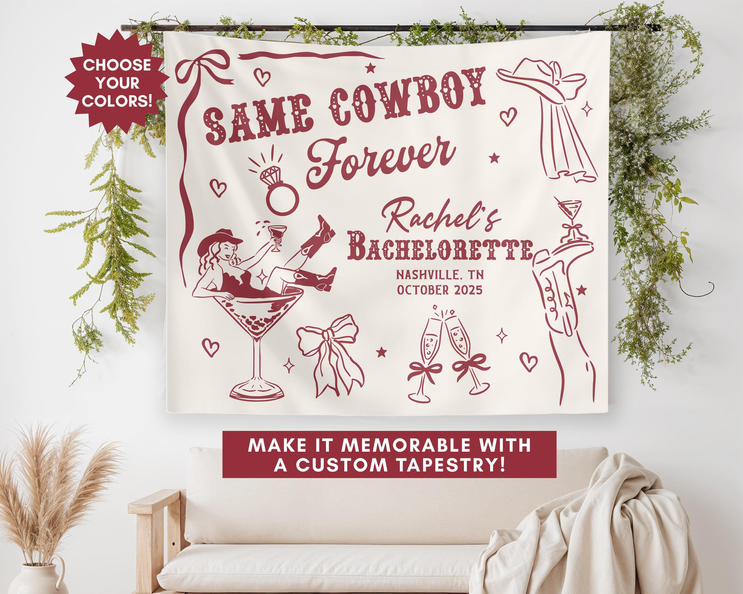 Personalized Bachelorette Banner, Same Cowboy Forever Party Tapestry, Western Bridal Shower Backdrop, Custom Cowgirl Bachelorette Sign
