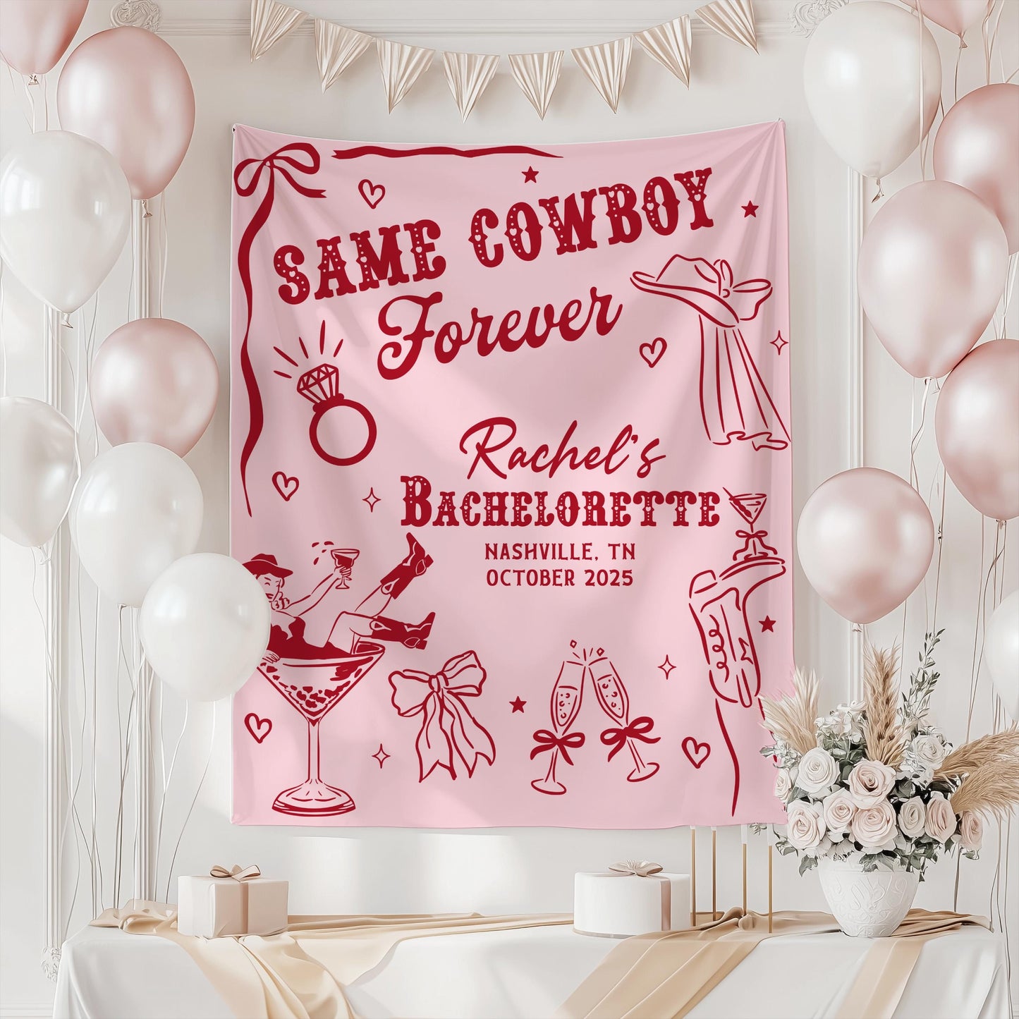 Personalized Bachelorette Banner, Same Cowboy Forever Party Tapestry, Western Bridal Shower Backdrop, Custom Cowgirl Bachelorette Sign