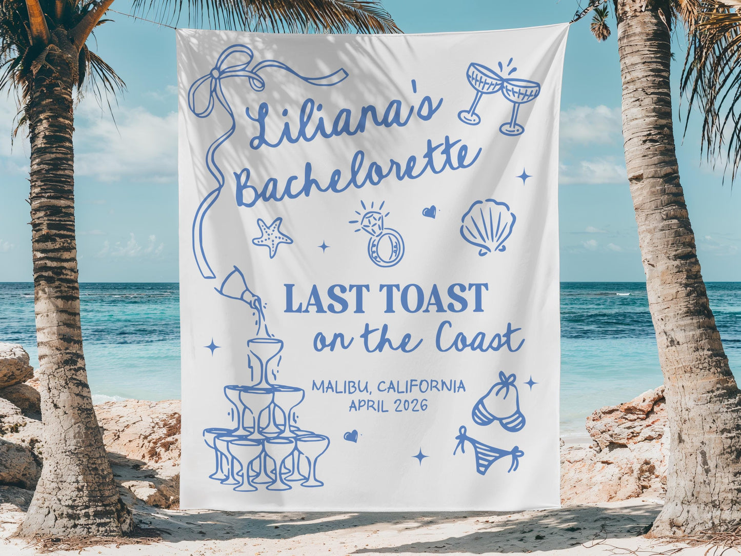 Custom Bachelorette Banner, Personalized Bachelorette Party Tapestry, Beach Bachelorette Photo Backdrop, Coastal Bachelorette Party Decor