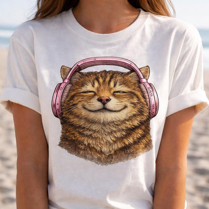 Cute Cat Headphones Shirt, Funny Cat Lover Graphic Tee, Pink Headphones Red T Shirt, Unisex Gift for Cat Mom