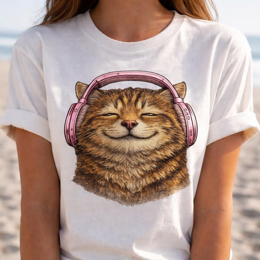 Cute Cat Headphones Shirt, Funny Cat Lover Graphic Tee, Pink Headphones Red T Shirt, Unisex Gift for Cat Mom