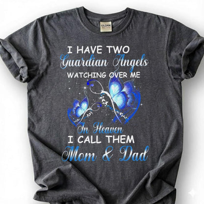 Two Guardian Angels Mom Dad Heaven Shirt, Blue Butterfly Memorial Tee, Grieving Orphan Remembrance T-Shirt, Loss Of Both Parents Tribute Top
