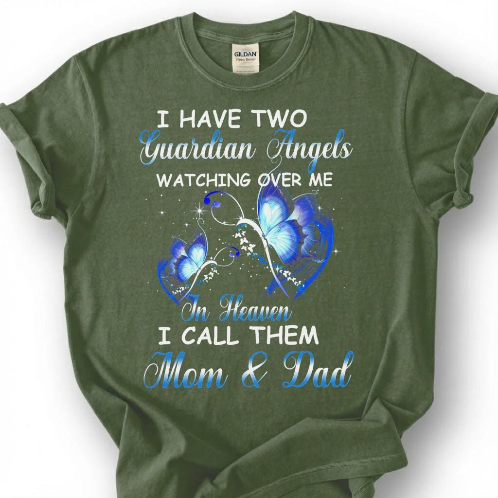 Two Guardian Angels Mom Dad Heaven Shirt, Blue Butterfly Memorial Tee, Grieving Orphan Remembrance T-Shirt, Loss Of Both Parents Tribute Top
