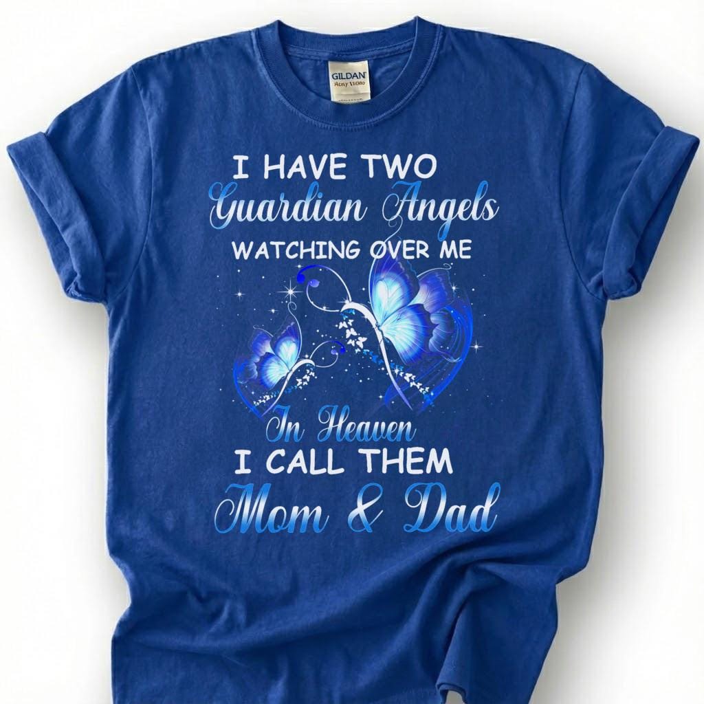 Two Guardian Angels Mom Dad Heaven Shirt, Blue Butterfly Memorial Tee, Grieving Orphan Remembrance T-Shirt, Loss Of Both Parents Tribute Top