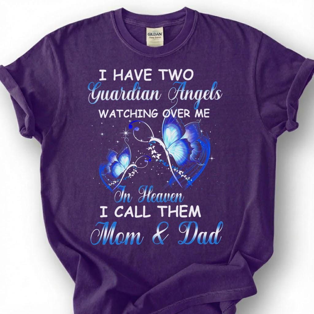 Two Guardian Angels Mom Dad Heaven Shirt, Blue Butterfly Memorial Tee, Grieving Orphan Remembrance T-Shirt, Loss Of Both Parents Tribute Top
