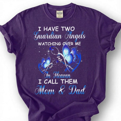 Two Guardian Angels Mom Dad Heaven Shirt, Blue Butterfly Memorial Tee, Grieving Orphan Remembrance T-Shirt, Loss Of Both Parents Tribute Top