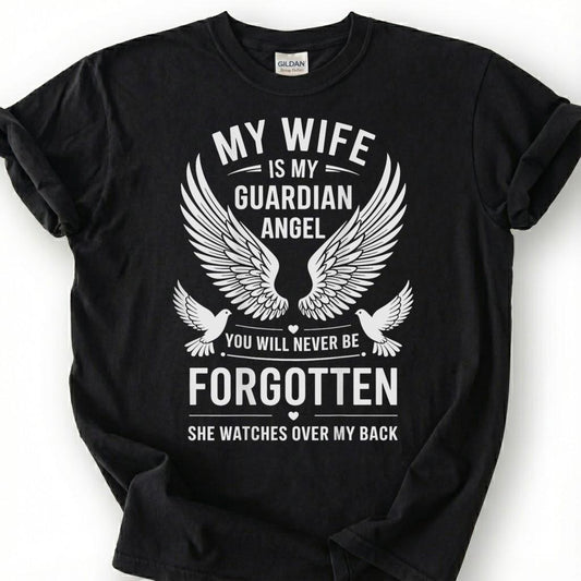 Wife Is Guardian Angel Never Forgotten Shirt, Wing Dove Memorial Tee, Grieving Husband Remembrance T-Shirt, Loss Of Spouse Heaven Top
