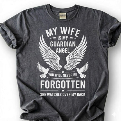 Wife Is Guardian Angel Never Forgotten Shirt, Wing Dove Memorial Tee, Grieving Husband Remembrance T-Shirt, Loss Of Spouse Heaven Top