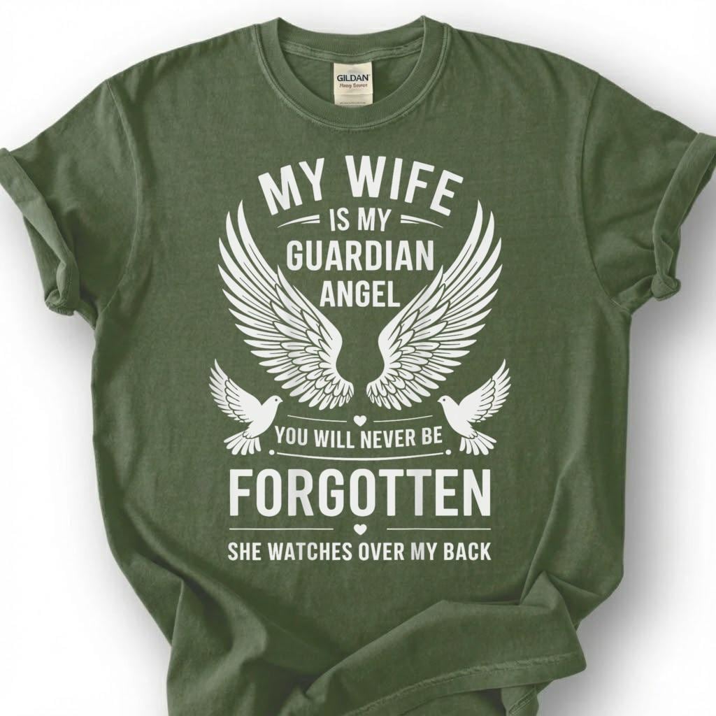 Wife Is Guardian Angel Never Forgotten Shirt, Wing Dove Memorial Tee, Grieving Husband Remembrance T-Shirt, Loss Of Spouse Heaven Top