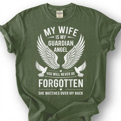 Wife Is Guardian Angel Never Forgotten Shirt, Wing Dove Memorial Tee, Grieving Husband Remembrance T-Shirt, Loss Of Spouse Heaven Top