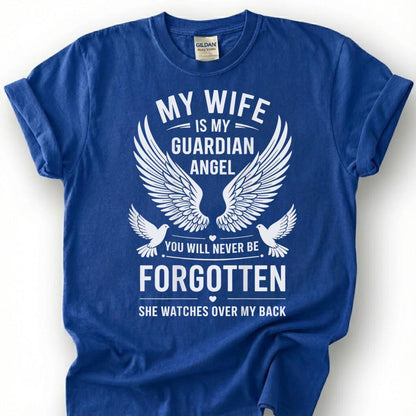 Wife Is Guardian Angel Never Forgotten Shirt, Wing Dove Memorial Tee, Grieving Husband Remembrance T-Shirt, Loss Of Spouse Heaven Top