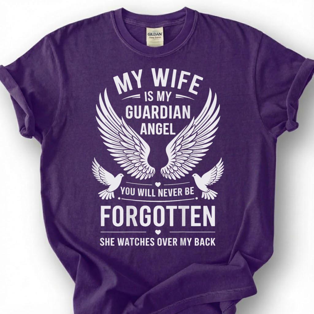 Wife Is Guardian Angel Never Forgotten Shirt, Wing Dove Memorial Tee, Grieving Husband Remembrance T-Shirt, Loss Of Spouse Heaven Top