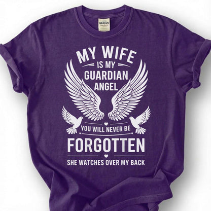 Wife Is Guardian Angel Never Forgotten Shirt, Wing Dove Memorial Tee, Grieving Husband Remembrance T-Shirt, Loss Of Spouse Heaven Top