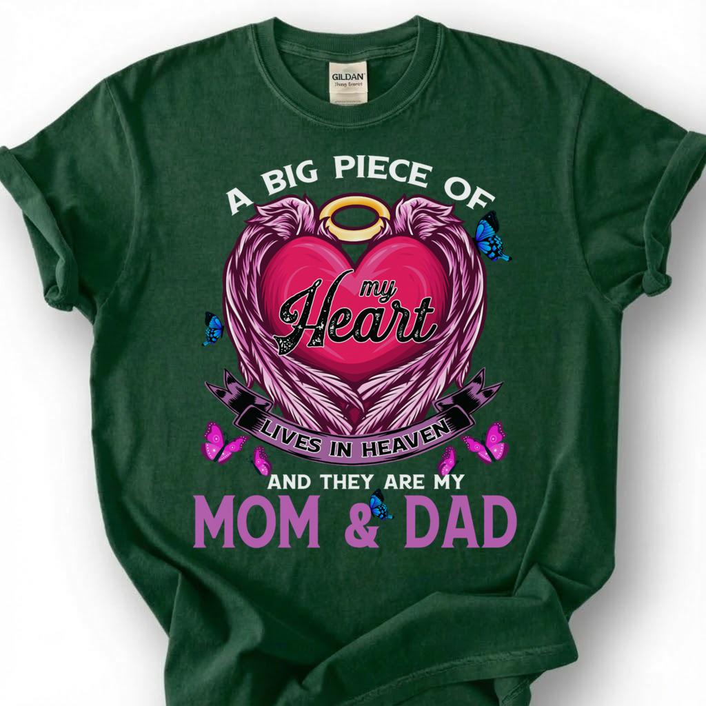 Big Piece Of Heart Lives In Heaven Mom Dad Shirt, Pink Angel Wing Halo Butterfly Tee, Grieving Orphan Memorial T-Shirt, Loss Parents Top