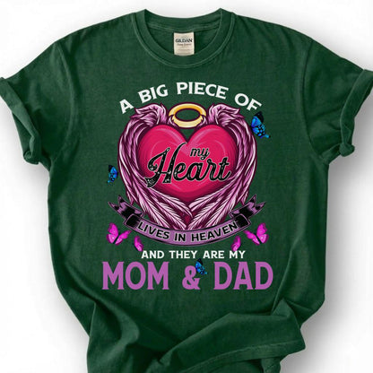 Big Piece Of Heart Lives In Heaven Mom Dad Shirt, Pink Angel Wing Halo Butterfly Tee, Grieving Orphan Memorial T-Shirt, Loss Parents Top
