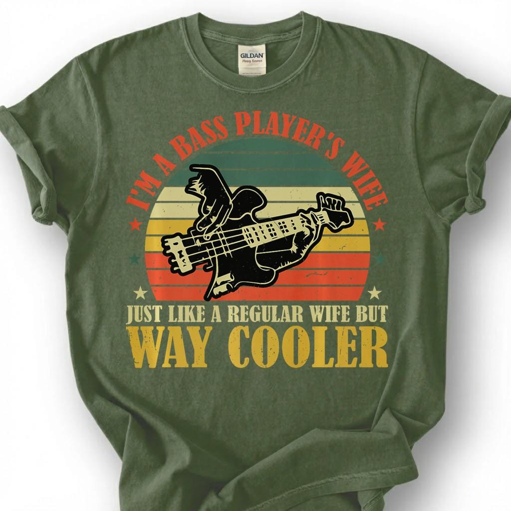 A Bass Players Wife Way Cooler Shirt, Funny Bassist Spouse T-Shirt, Vintage Retro Sunset Guitar Tee, Musician Marriage Gift, Unisex Top