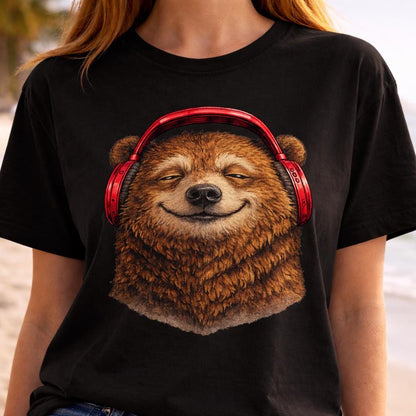 Funny Bear Headphones Shirt, Cute Animal Lover Graphic Tee, Red Bear Music Shirt, Cozy Unisex Meme T Shirt Gift
