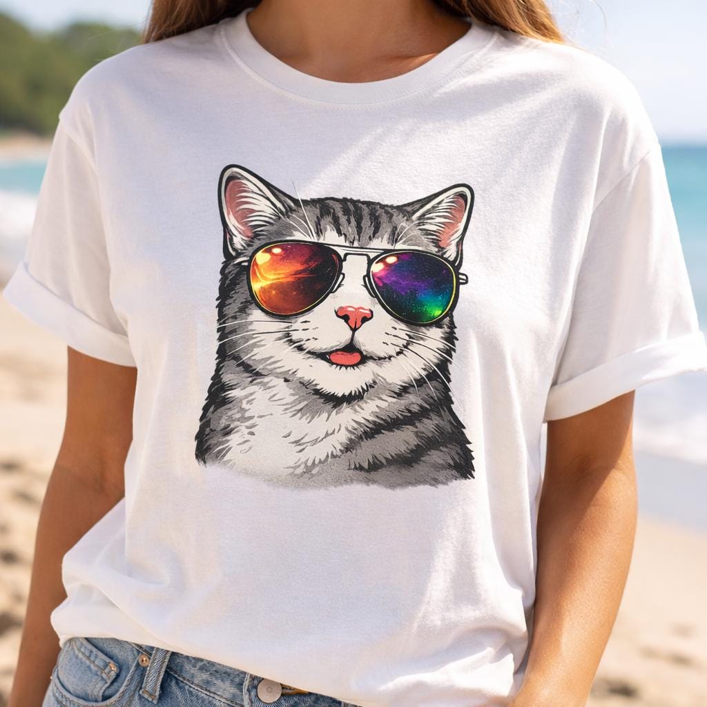 Cool Cat Sunglasses T Shirt, Funny Cat Lover Tee, Retro Kitty Graphic Shirt, Cute Pet Lover Gift, Unisex Black Cat Beach Summer Tee