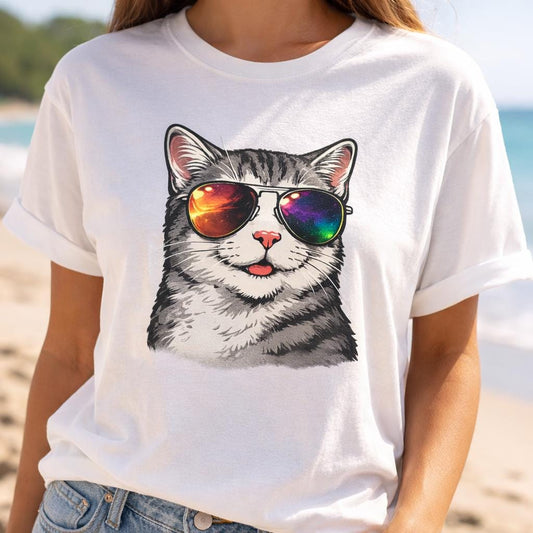 Cool Cat Sunglasses T Shirt, Funny Cat Lover Tee, Retro Kitty Graphic Shirt, Cute Pet Lover Gift, Unisex Black Cat Beach Summer Tee