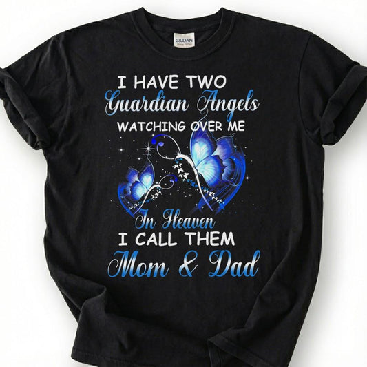 Two Guardian Angels Mom Dad Heaven Shirt, Blue Butterfly Memorial Tee, Grieving Orphan Remembrance T-Shirt, Loss Of Both Parents Tribute Top