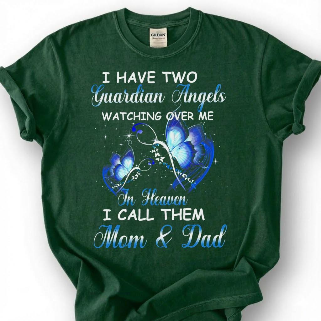 Two Guardian Angels Mom Dad Heaven Shirt, Blue Butterfly Memorial Tee, Grieving Orphan Remembrance T-Shirt, Loss Of Both Parents Tribute Top