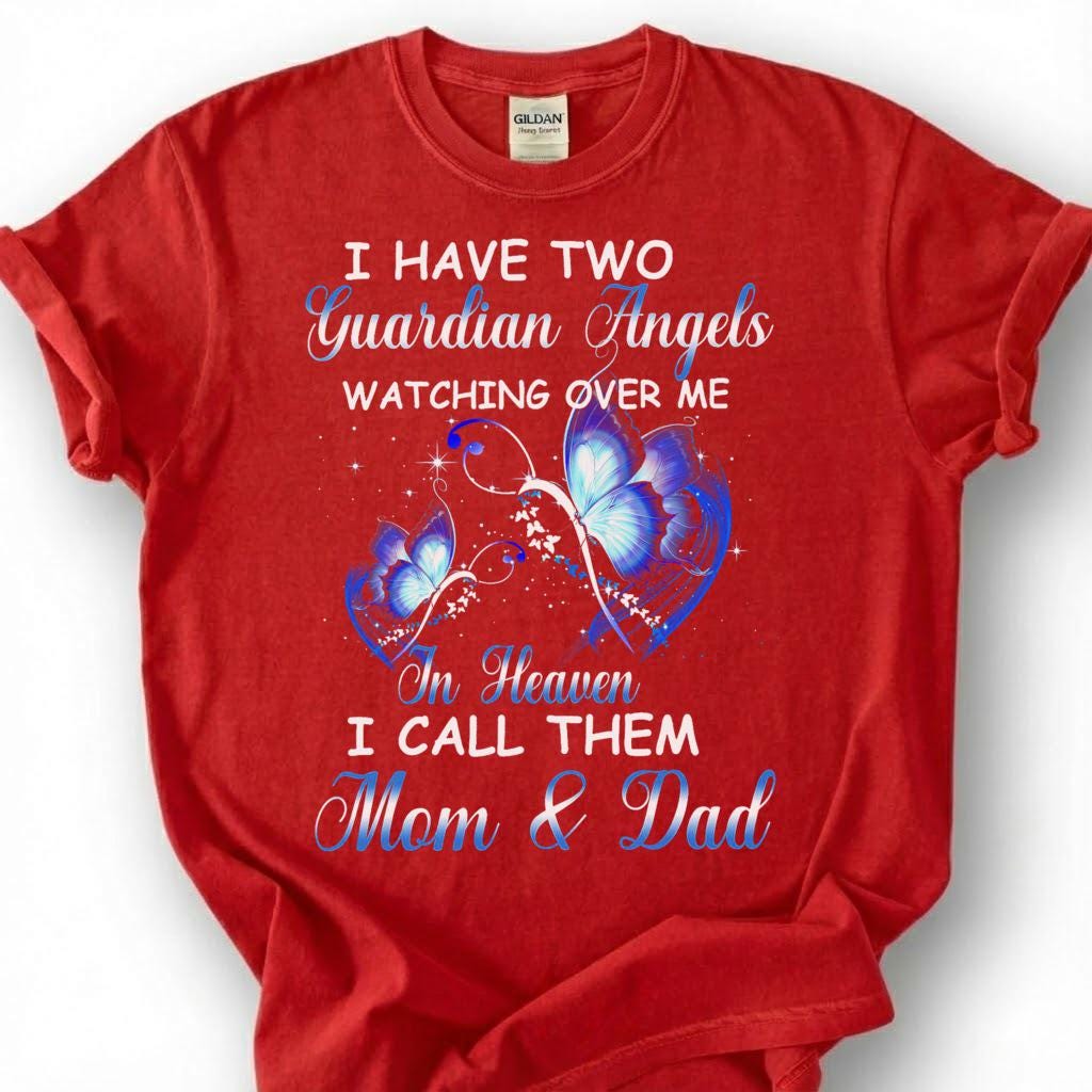 Two Guardian Angels Mom Dad Heaven Shirt, Blue Butterfly Memorial Tee, Grieving Orphan Remembrance T-Shirt, Loss Of Both Parents Tribute Top