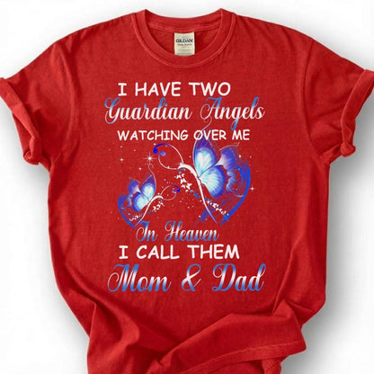 Two Guardian Angels Mom Dad Heaven Shirt, Blue Butterfly Memorial Tee, Grieving Orphan Remembrance T-Shirt, Loss Of Both Parents Tribute Top