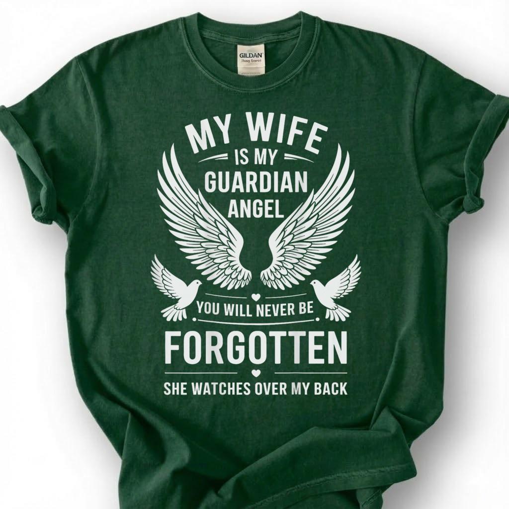 Wife Is Guardian Angel Never Forgotten Shirt, Wing Dove Memorial Tee, Grieving Husband Remembrance T-Shirt, Loss Of Spouse Heaven Top