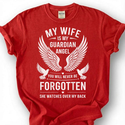 Wife Is Guardian Angel Never Forgotten Shirt, Wing Dove Memorial Tee, Grieving Husband Remembrance T-Shirt, Loss Of Spouse Heaven Top