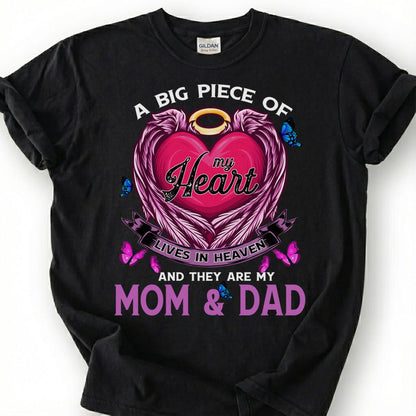 Big Piece Of Heart Lives In Heaven Mom Dad Shirt, Pink Angel Wing Halo Butterfly Tee, Grieving Orphan Memorial T-Shirt, Loss Parents Top