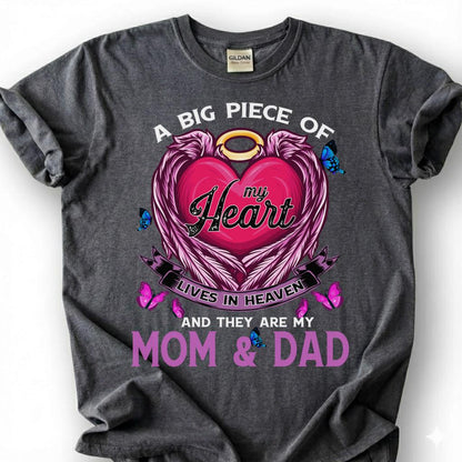 Big Piece Of Heart Lives In Heaven Mom Dad Shirt, Pink Angel Wing Halo Butterfly Tee, Grieving Orphan Memorial T-Shirt, Loss Parents Top