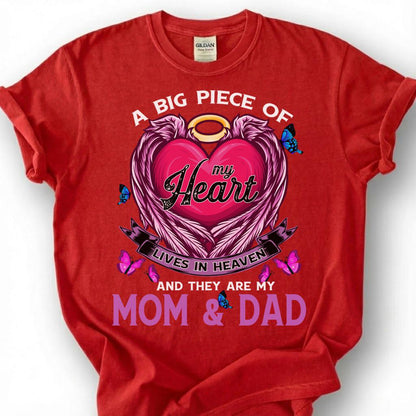 Big Piece Of Heart Lives In Heaven Mom Dad Shirt, Pink Angel Wing Halo Butterfly Tee, Grieving Orphan Memorial T-Shirt, Loss Parents Top