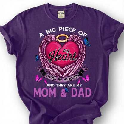 Big Piece Of Heart Lives In Heaven Mom Dad Shirt, Pink Angel Wing Halo Butterfly Tee, Grieving Orphan Memorial T-Shirt, Loss Parents Top